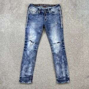 Rock Revival Raven Straight Jeans Womens 31 Blue Distressed Rhinestone Y2K Denim